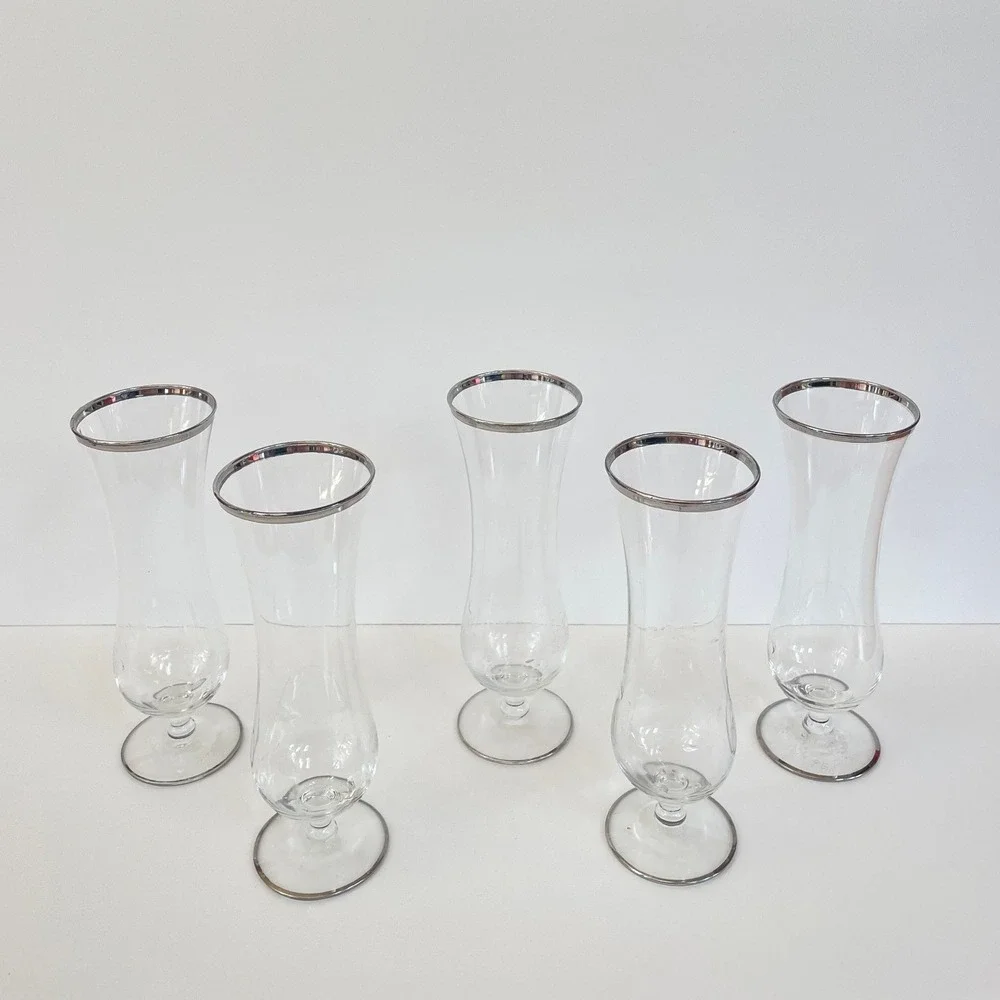 Vintage Hurricane Champagne Cocktail Glass Silver Rim Stemmed Barware Set of 5